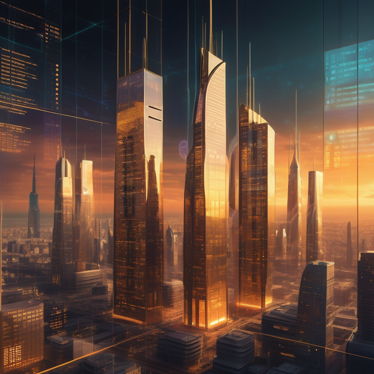 Animated Bitcoin price and market data holographically displayed over a bustling futuristic city at twilight.