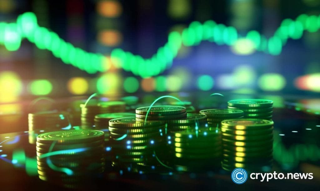 crypto news dollar coin blurry trading chart background bright neon light v5.1