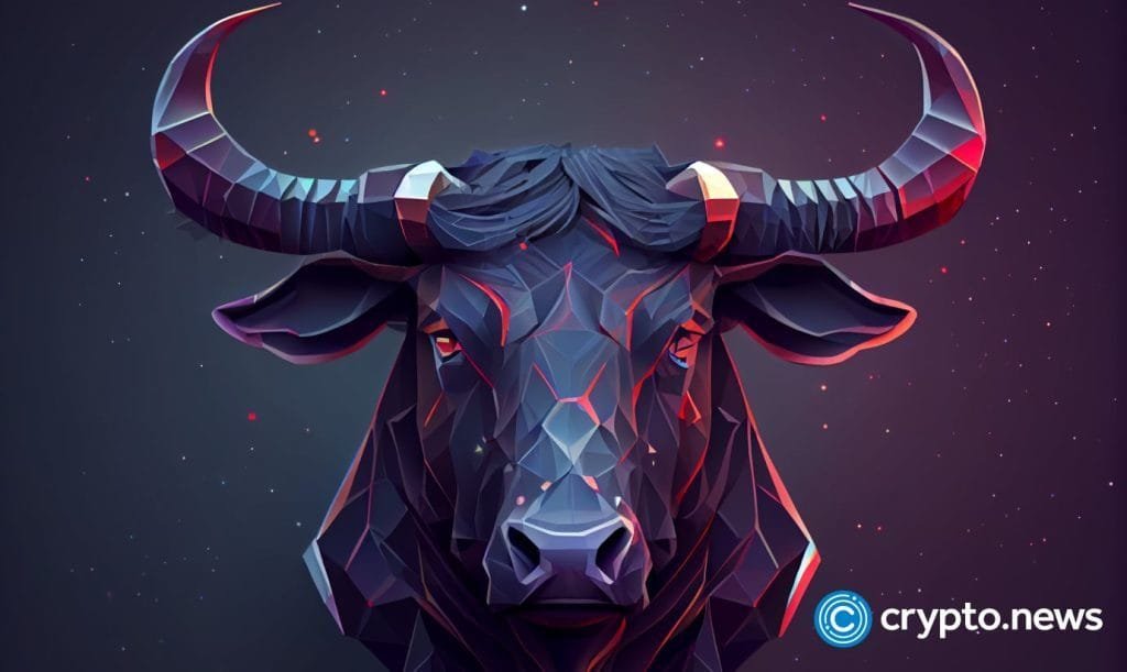 crypto news black bull with horns red eyes face only front view portrait cartoon character aurora and stardust background low poly style