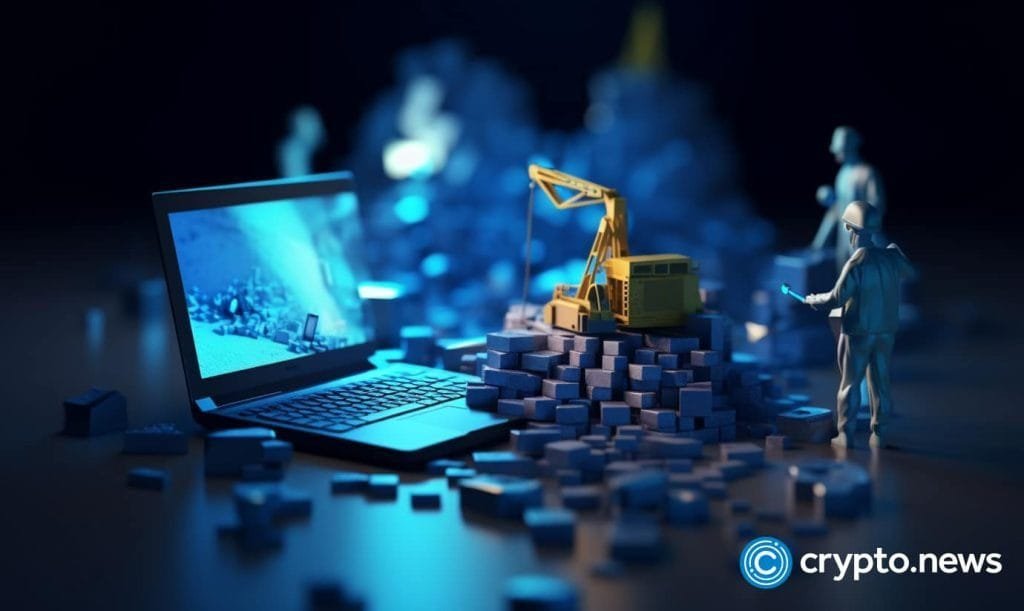 crypto news crypto mining on a laptop blockchain and artificial intelligence bright blue and white colors blurry background low poly style v 5.1