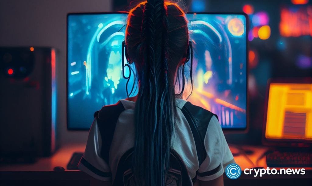 crypto news girl playing a computer game side back view blurry background white neon color cyberpun