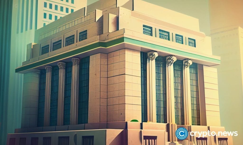 crypto news old bank top side view blurry city background bright tones sixties retro futuristic illustration