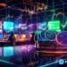 crypto news stable coins and finance stock exchange blurry blackground bright neon colors сyberpunk style v5.2