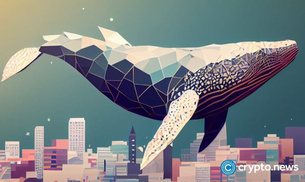 crypto news whale in the air city background bright neon color cyberpunk