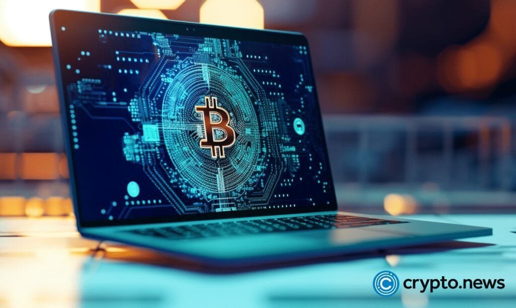 crytpo news Bitcoin Core on laptops screen blockchain and artificial intelligence blue and white colors blurry background v5.2