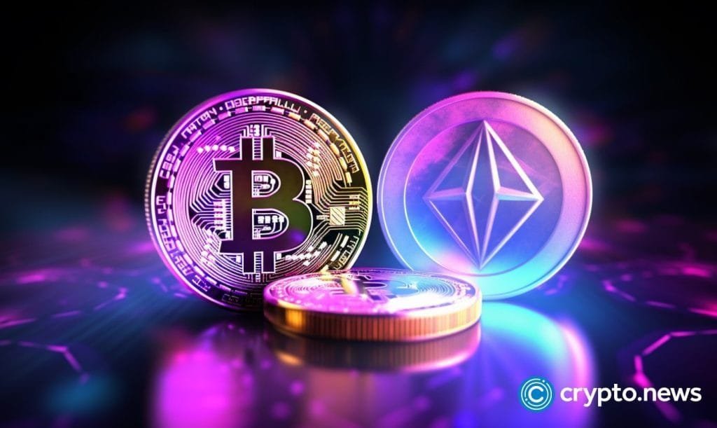 crypto news Bitcoin and Ethereum blurry hologram nft blackground bright neon colors сyberpunk style v5.2