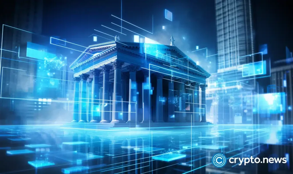 crypto news Central Bank Digital Currency blurry modern art and blockchain business background blue and white neon colors low poly styl.webp