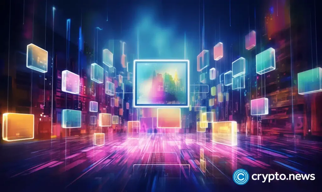 crypto news Digital auction of art blurry blockchain background neon colors low poly style01.webp