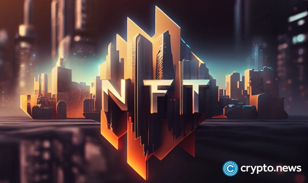 crypto news NFT logo front side view day light blurry cyberpunk city background hight poly sty