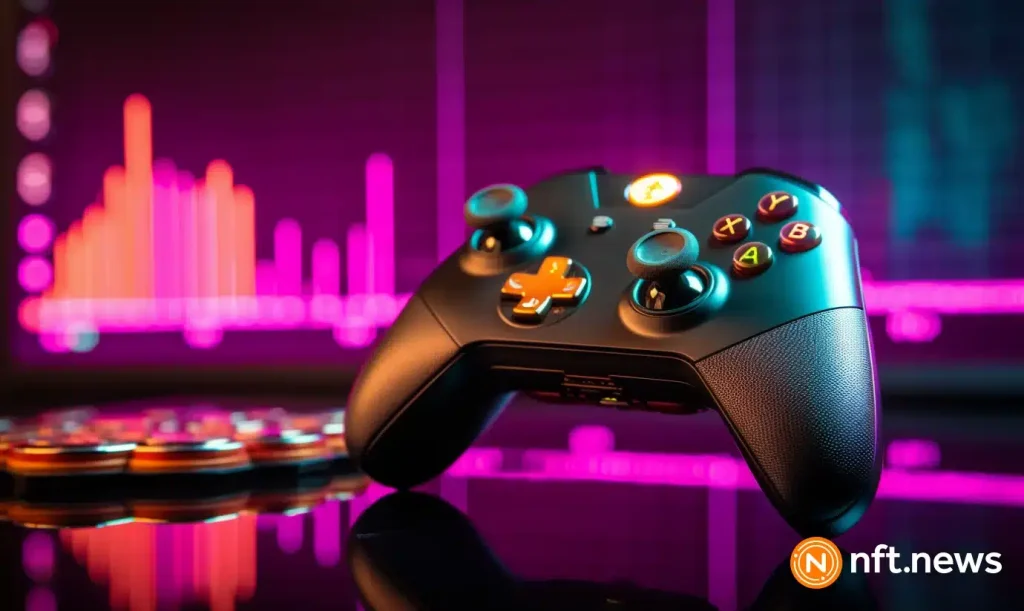 crypto news gamepad on the metal coin trading chart is up background neon colors.webp