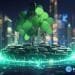 crypto news green tree grows out of hologram coins modern city background bright neon colors cyberpunk style v5.2