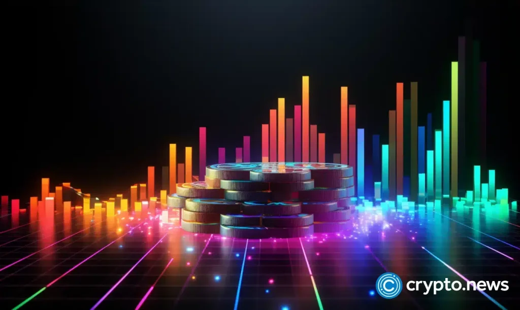 crypto news white coin trading chart background neon colors low poly style.webp