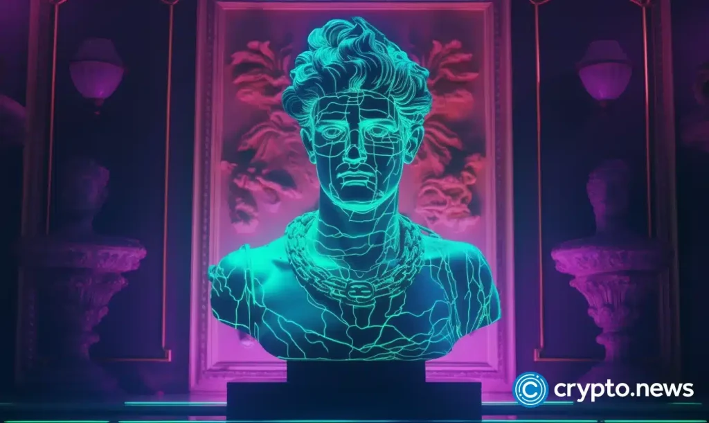 NFT the antique statue is on TV front side view neon colors background cyberpunk style.webp