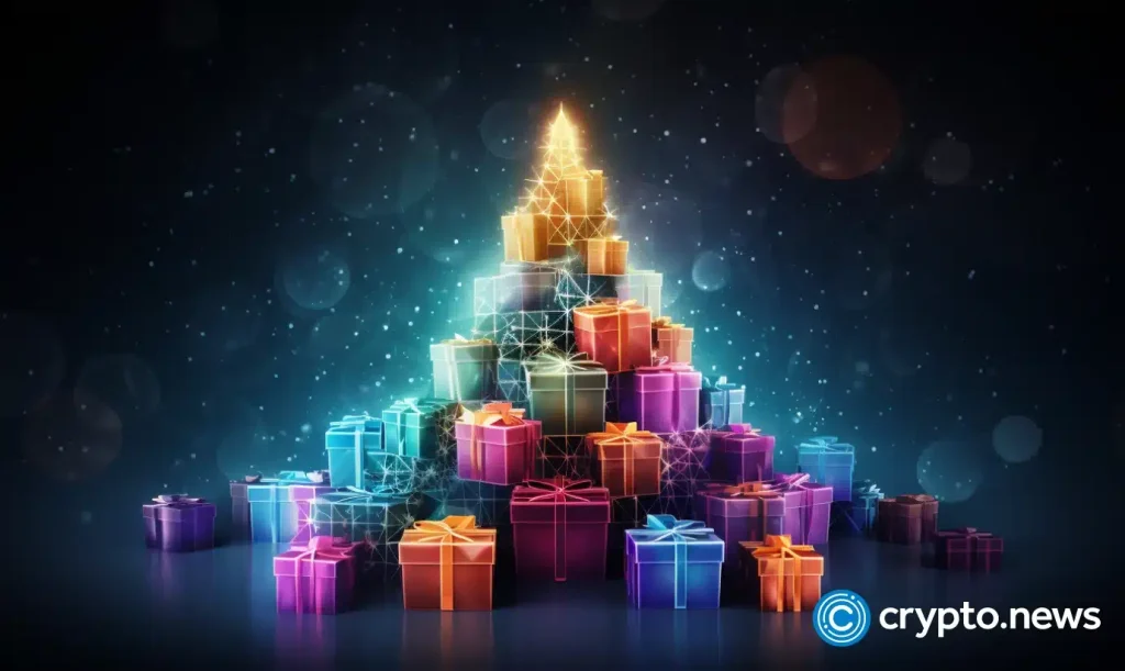 crypto news Christmas tree and gift boxes blockchain background bright colors.webp