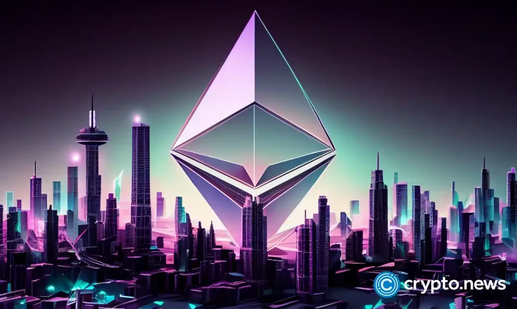 crypto news Ethereum logo hologram modern city background low pole style 1.webp