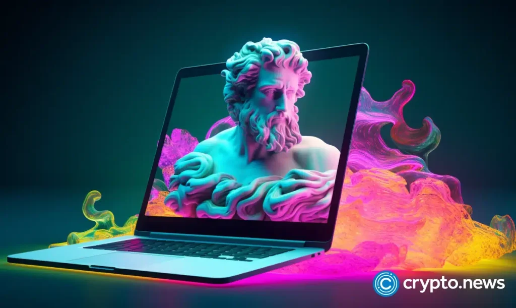crypto news MacBook with classical painting on the screen front side view NFT epic hologram information waves background neon colors.webp