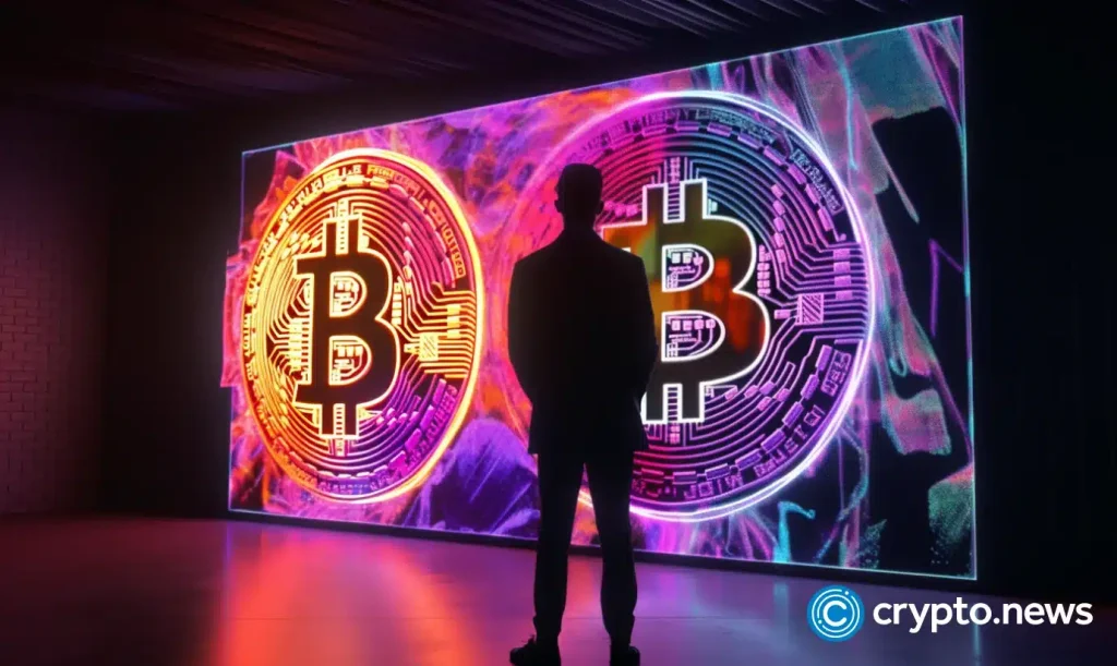crypto news a man in business suit standing and sees on the Bitcoin Sothebys neon colors realism 4k style03.webp