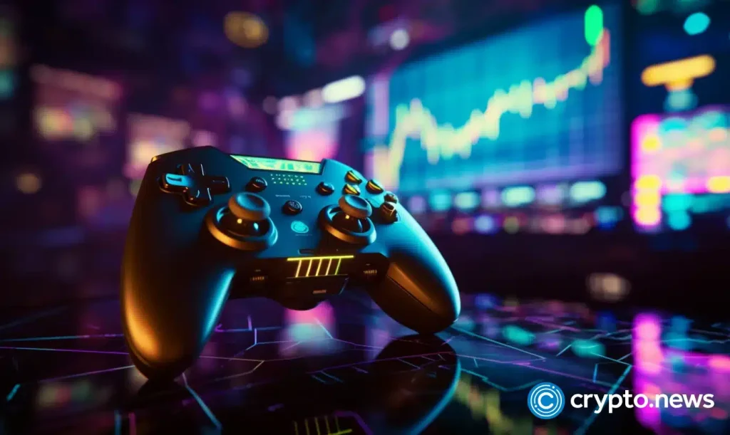 crypto news gamepad on the hologram coin video game trading chart is up background neon colors.webp