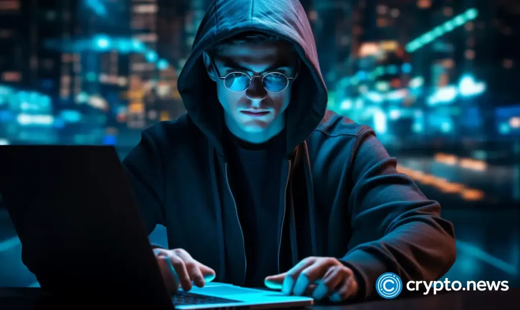 crypto news hacker watch on his laptop blue flame on the screen matrix blue program code Decentralization blockchain system background02.webp