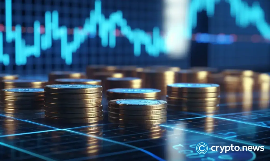 crypto news hologram coins trading chart is up background blue and white colors.webp
