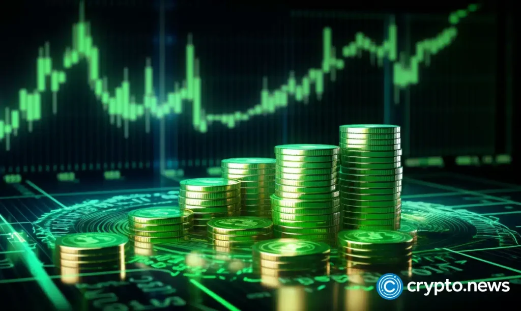 crypto news hologram coins trading chart is up background green and white colors01.webp