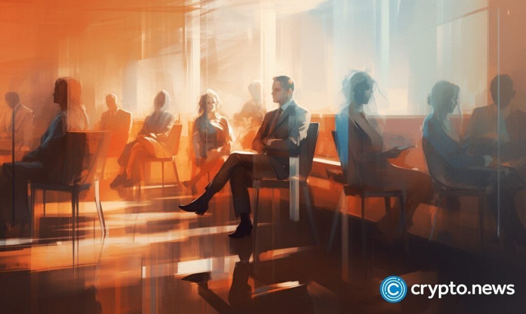 crypto news lawsuits blurry figures sitting in chairs day light sixties retro futuristic illustratio v5.2