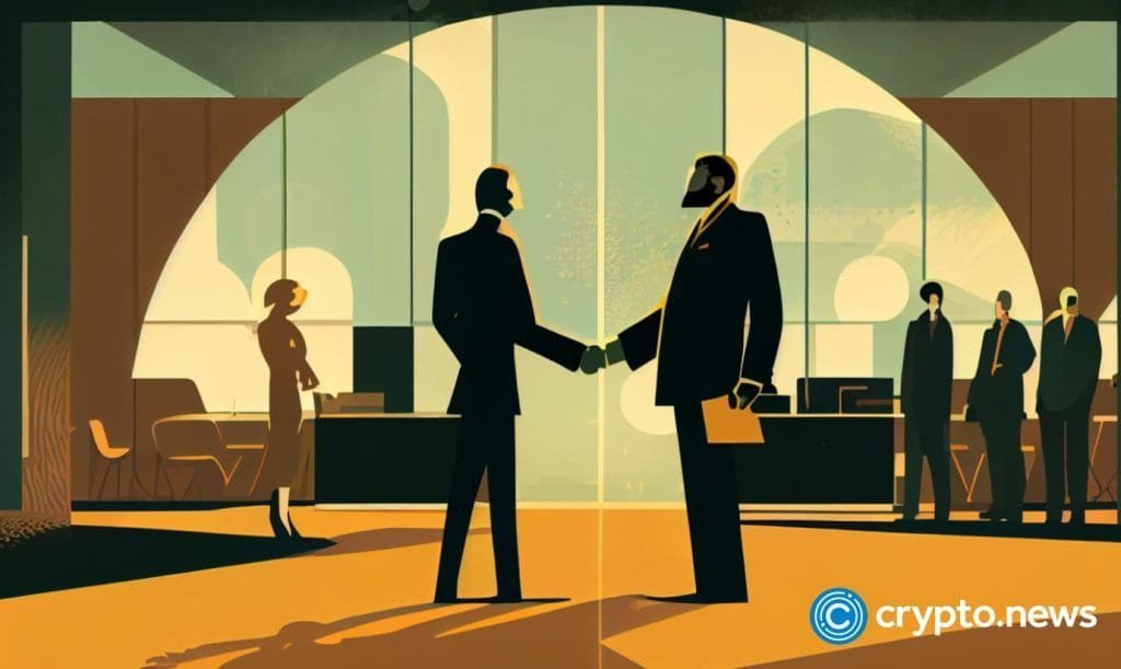 crypto news people shaking hands office background dark tones sixties retro futuristic ill