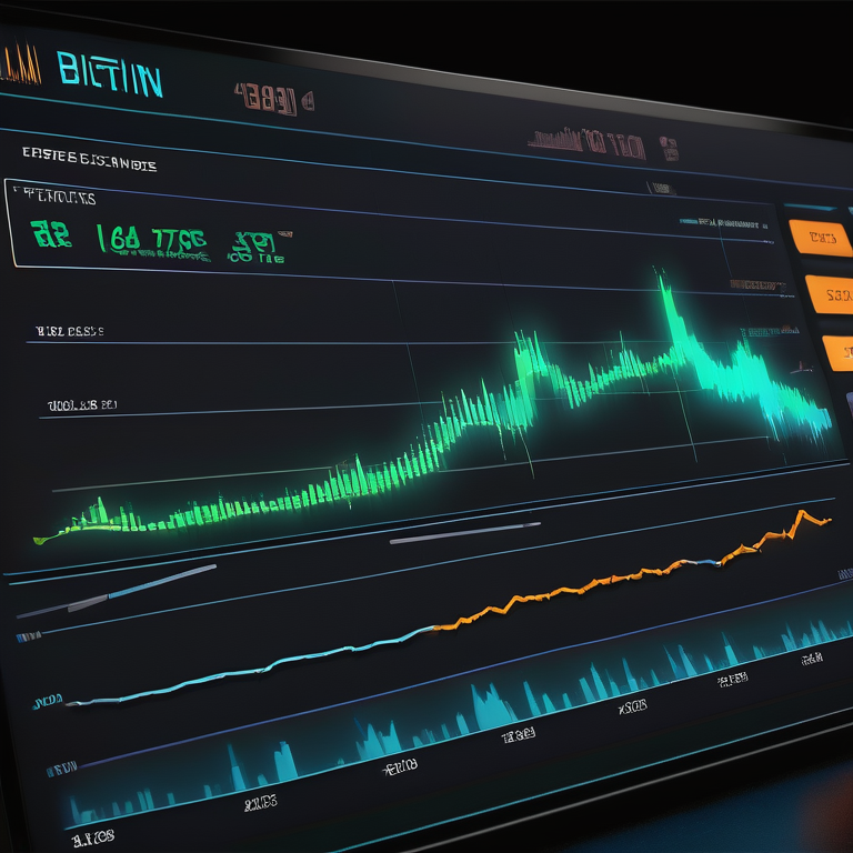 Modern dashboard with real-time Bitcoin stock price chart and market fluctuations highlighted with bright colors.