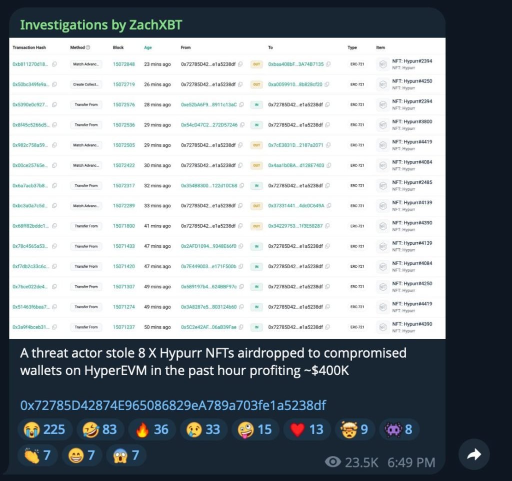 Hyperliquid’s Hypurr NFTs Hit $76K Ground Worth, However Hacker Steals 8 for $400K Revenue